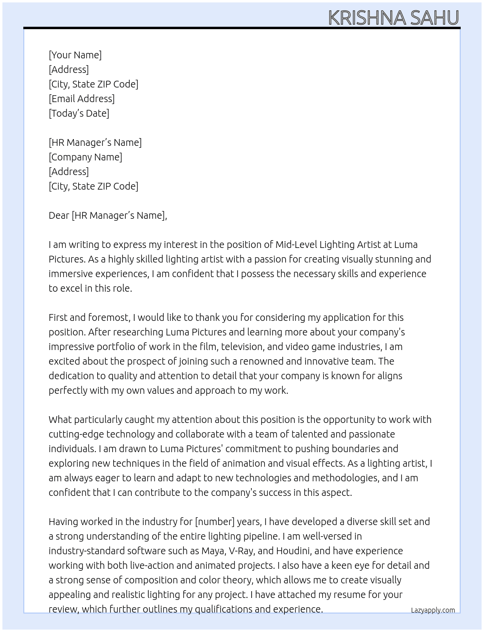 Cover letter for mid level lighting artist - LazyApply