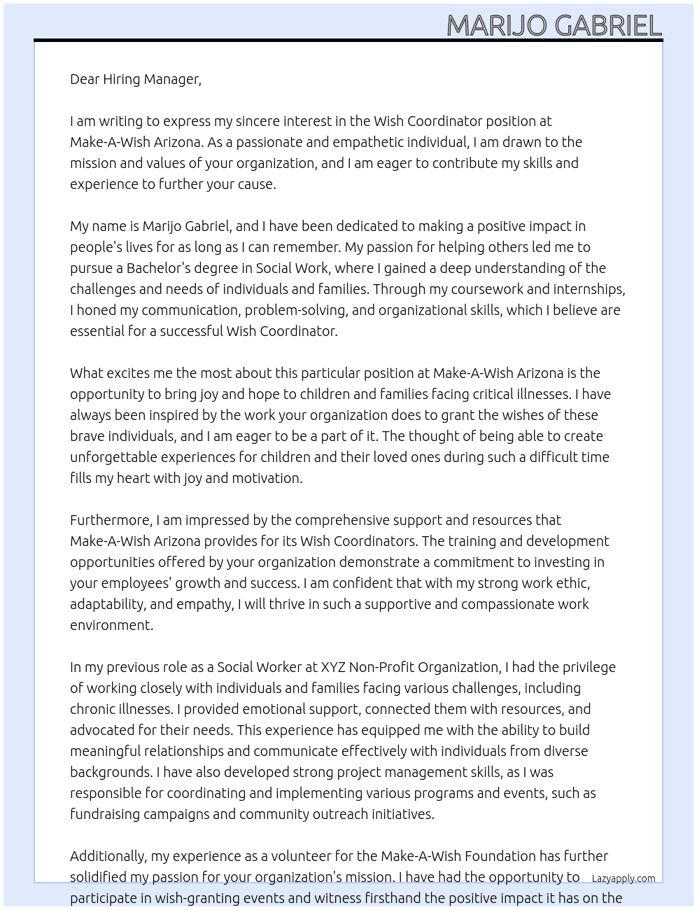 Wish Coordinator At Make-A- Wish Arizona Cover Letter