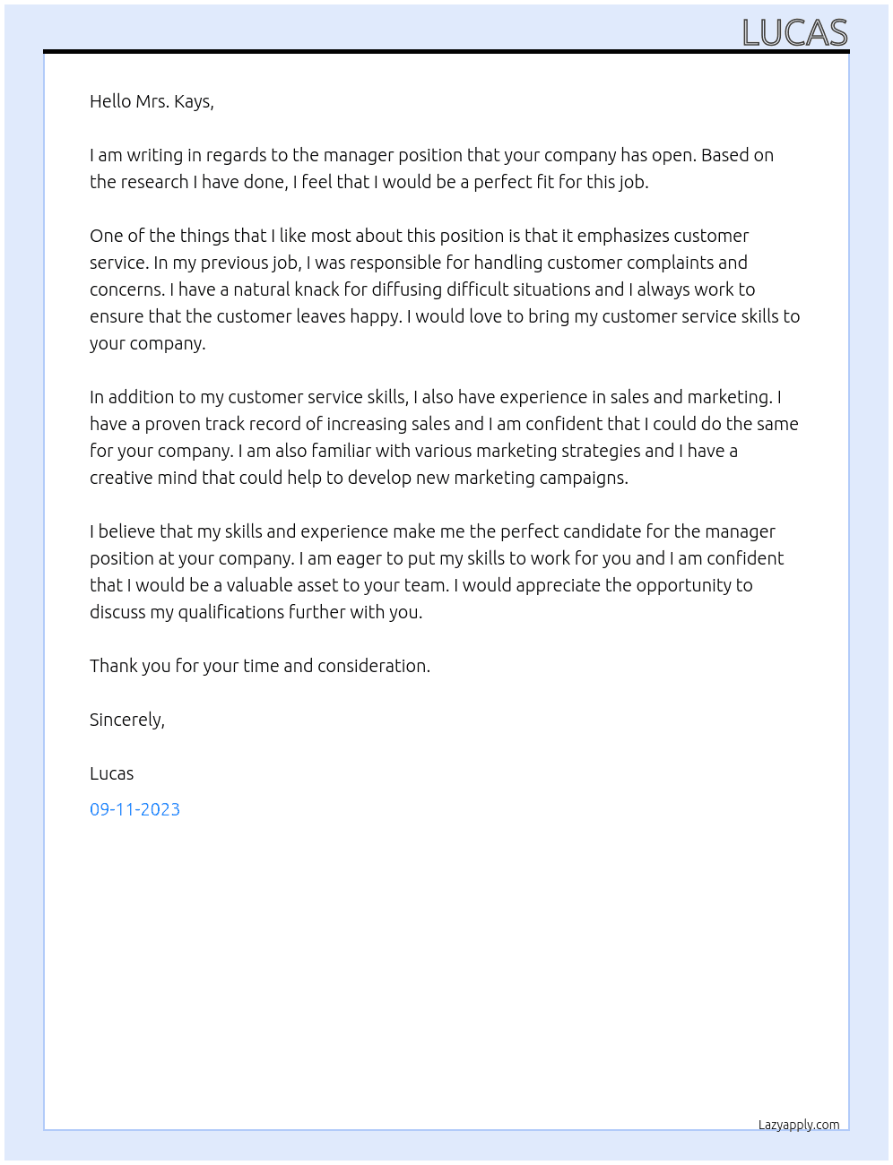 maneger At mrs kays jobs Cover Letter