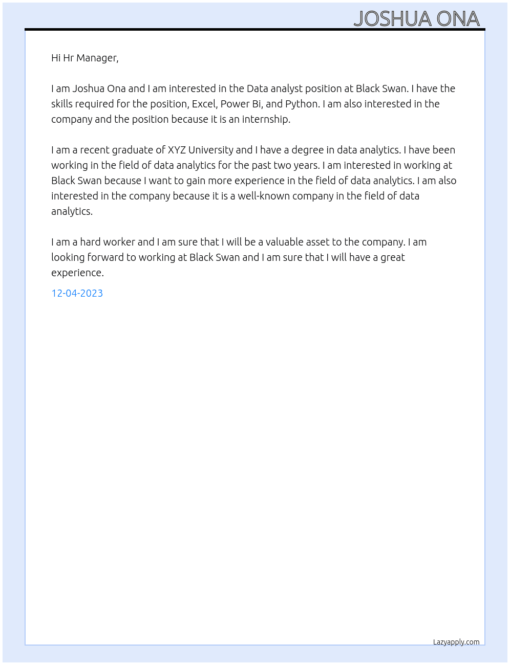 Data analyst  At Black Swan  Cover Letter