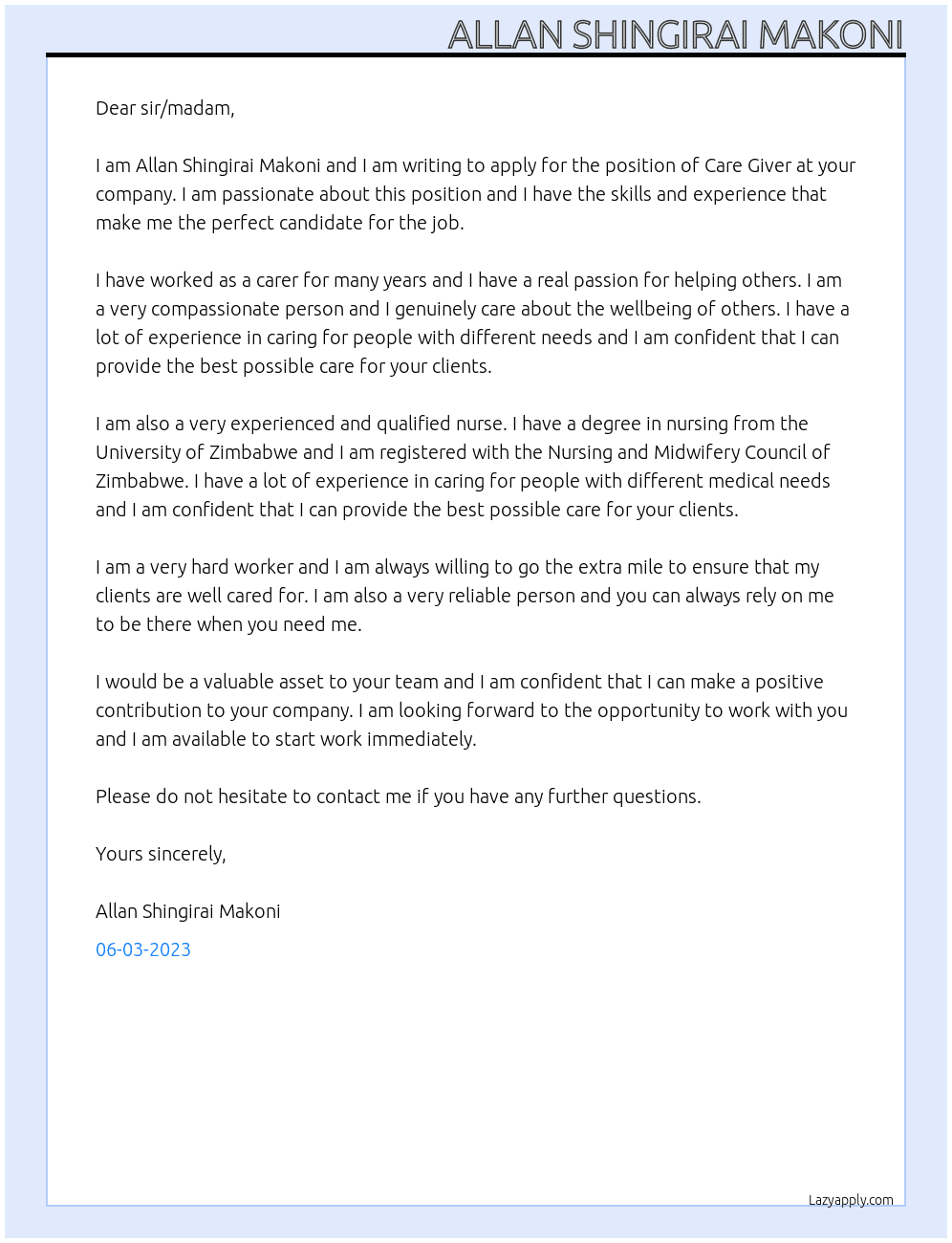 Care Giver At ,jkjhk Cover Letter