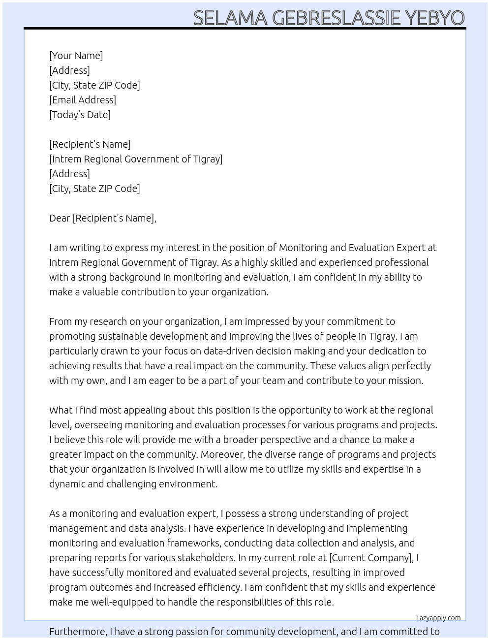 Monitoring and evaluation expert At Intrem Reginal Government of Tigray Cover Letter