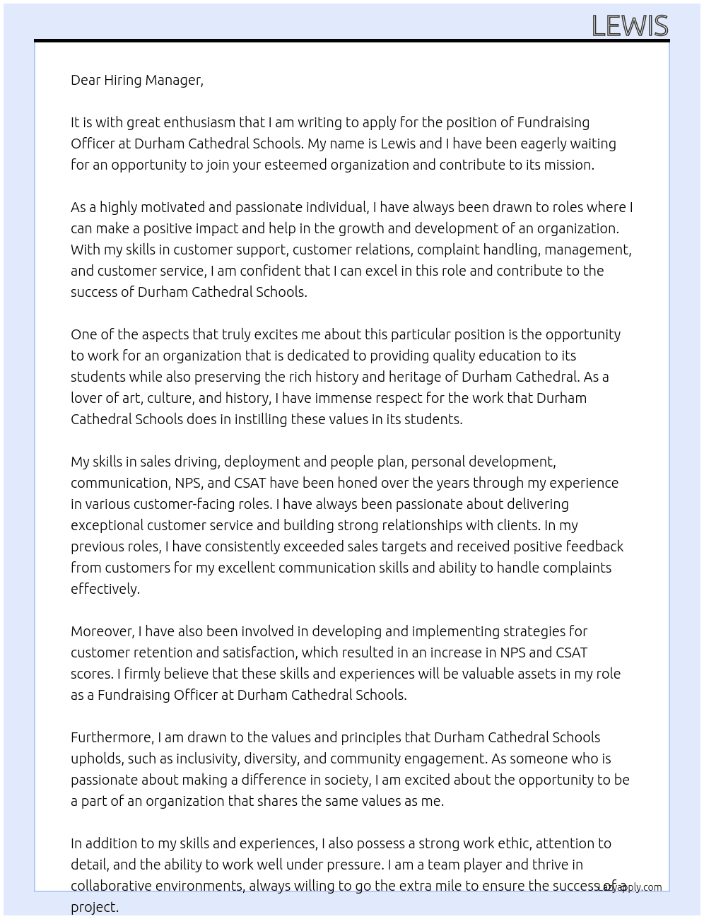 Fundraising Officer At Durham Cathedral Schools Cover Letter