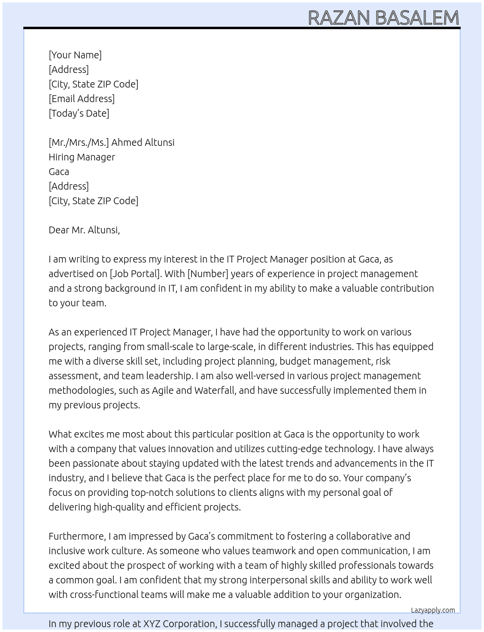 IT Project Manager At Gaca Cover Letter