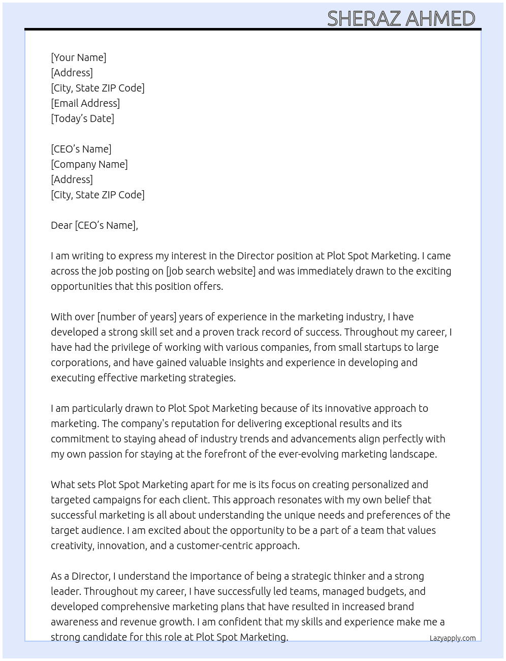 Director  At Plot spot marketing  Cover Letter