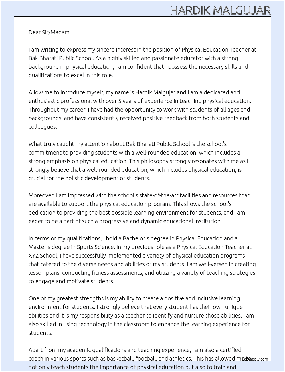 physical Education teacher  At Bak bharati public school  Cover Letter