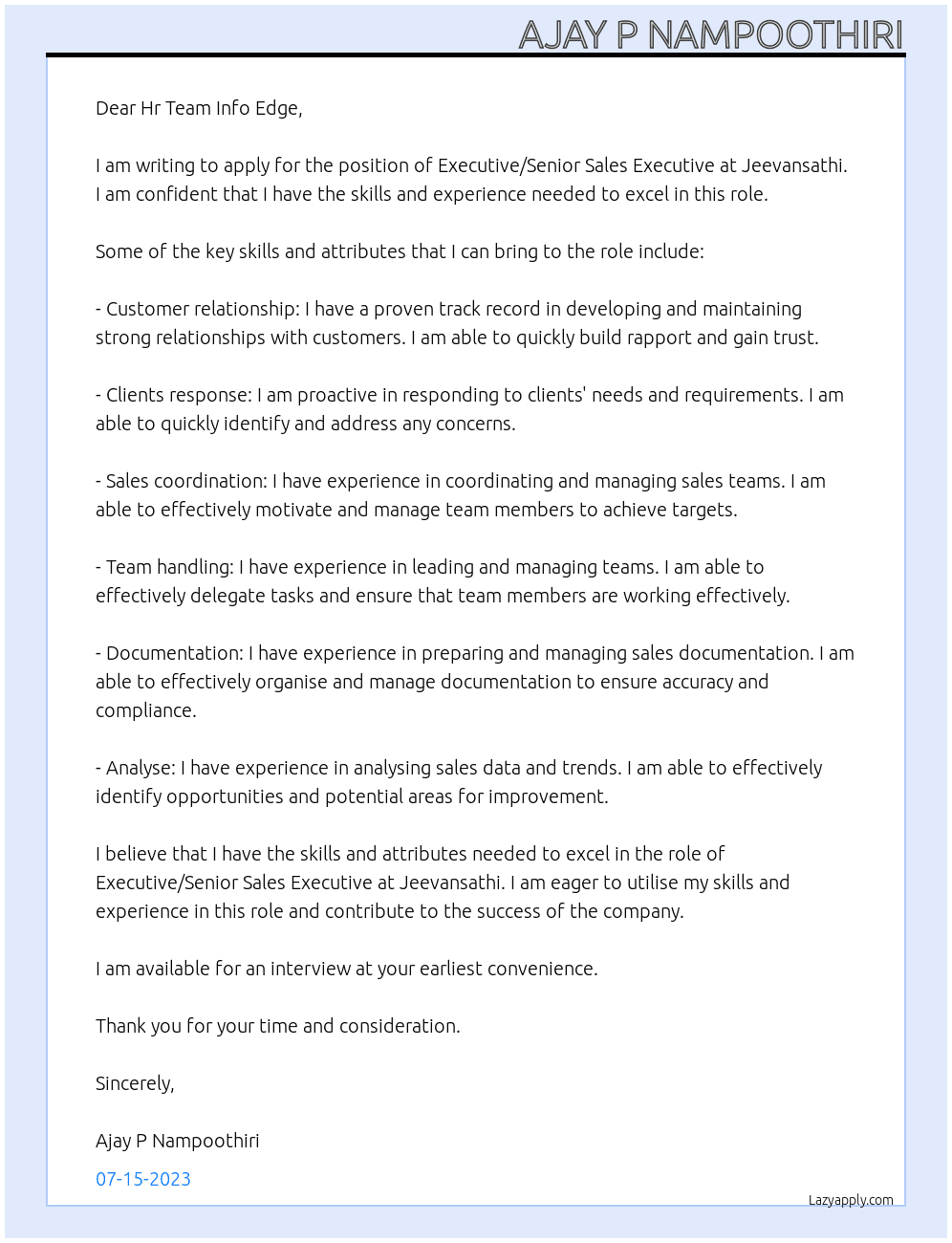 Executive/senior sales executive At Jeevansathi Cover Letter