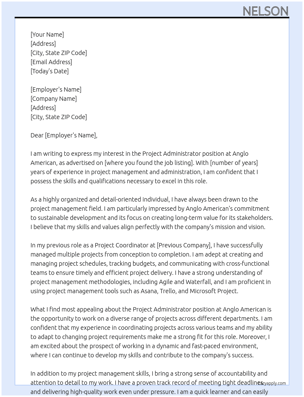 Project Administrator At Anglo American Cover Letter