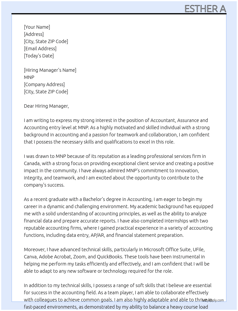 Accountant, Assurance and Accounting entry level At MNP Cover Letter
