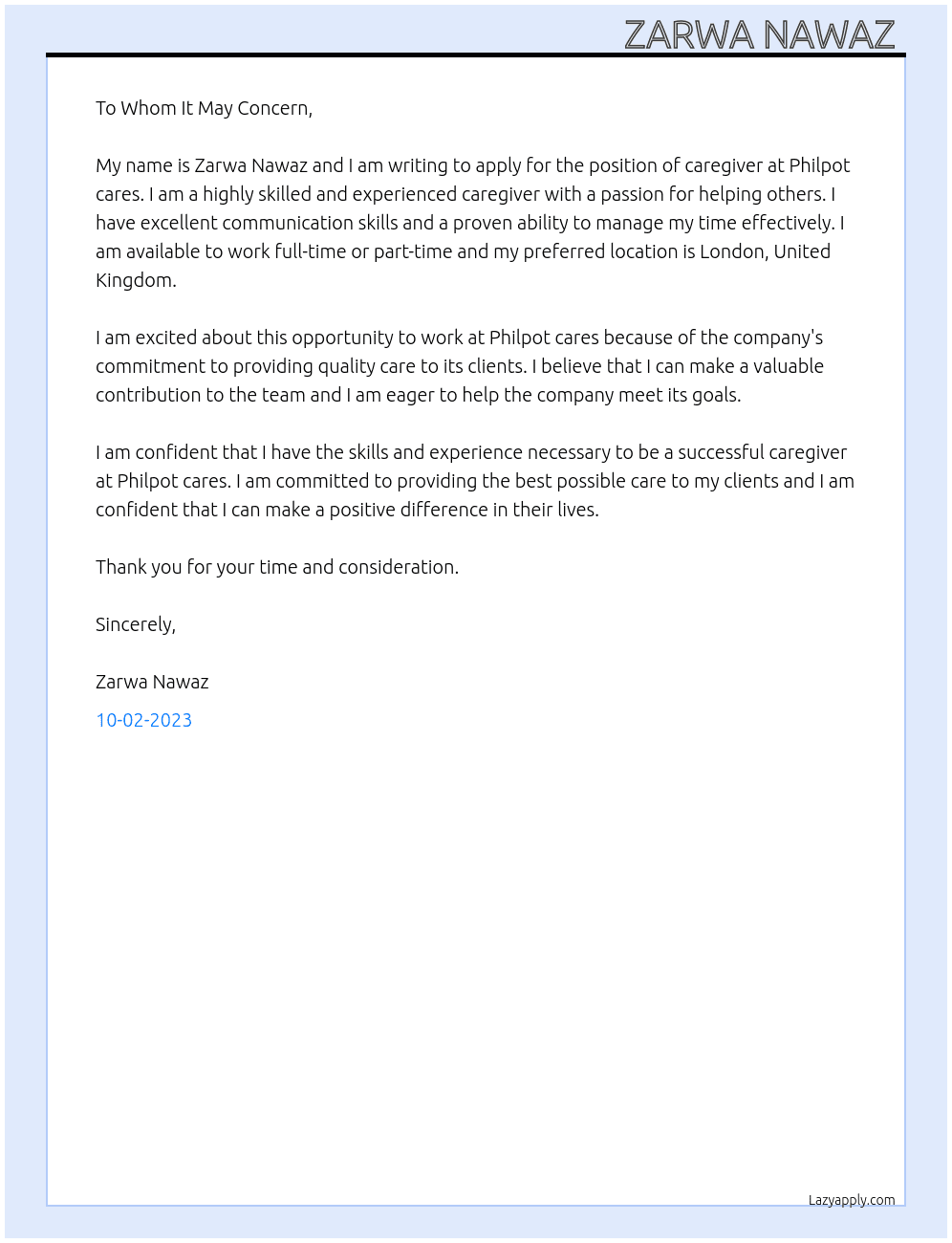 Caregiver  At Philpot cares  Cover Letter