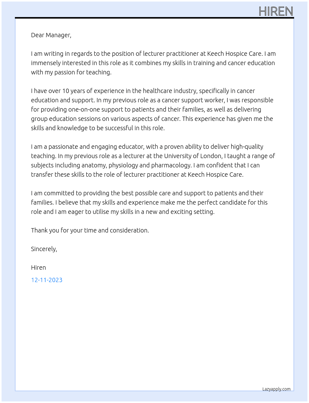 Lecturer practitioner At Keech Hospice Care Cover Letter
