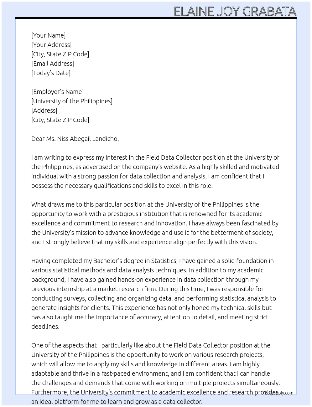 field data collector At University of the Philippines Cover Letter