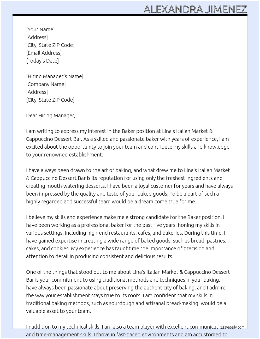 Baker At Lina's Italian Market & Cappuccino Dessert Bar Cover Letter