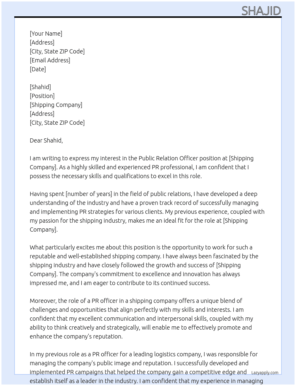 Public relation offecer in shiping company At Shipping company Cover Letter