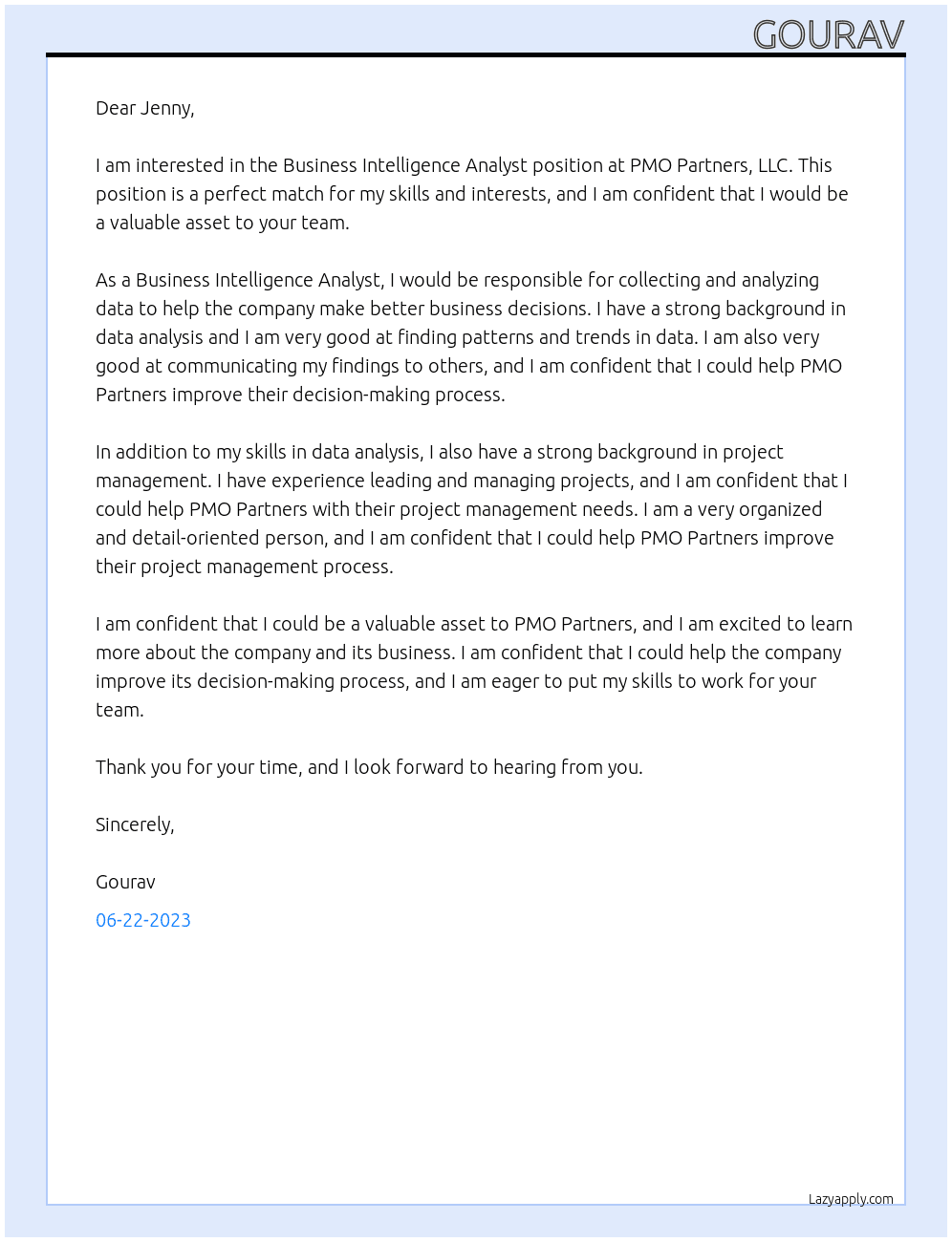 Business Intelligence Analyst At PMO Partners, LLC Cover Letter