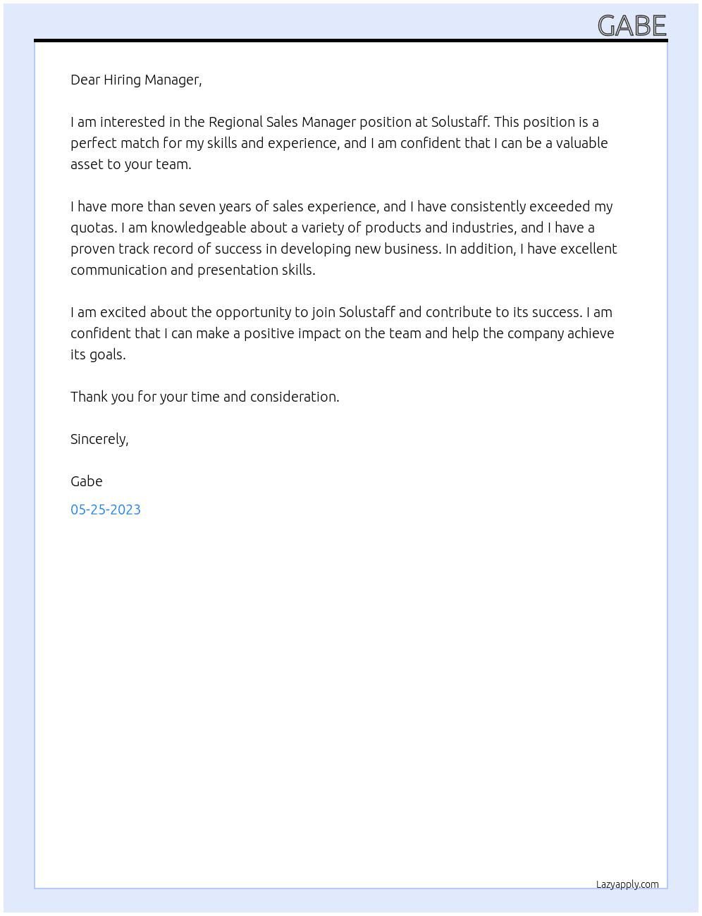 Regional Sales Manager At Solustaff Cover Letter
