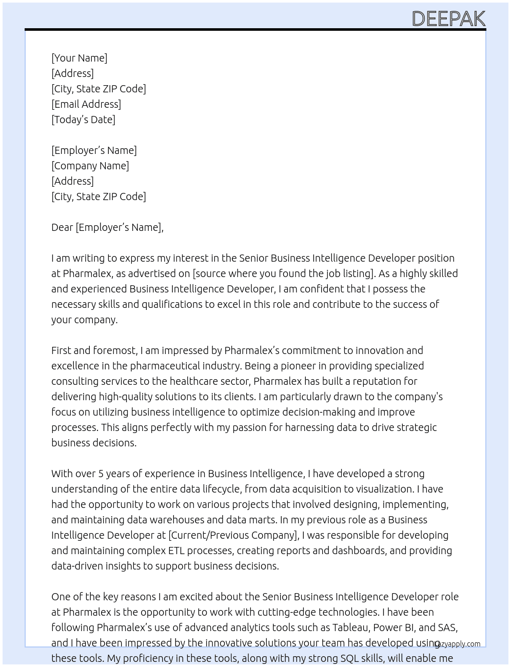 Senior Business Intelligence Developer At Pharmalex Cover Letter