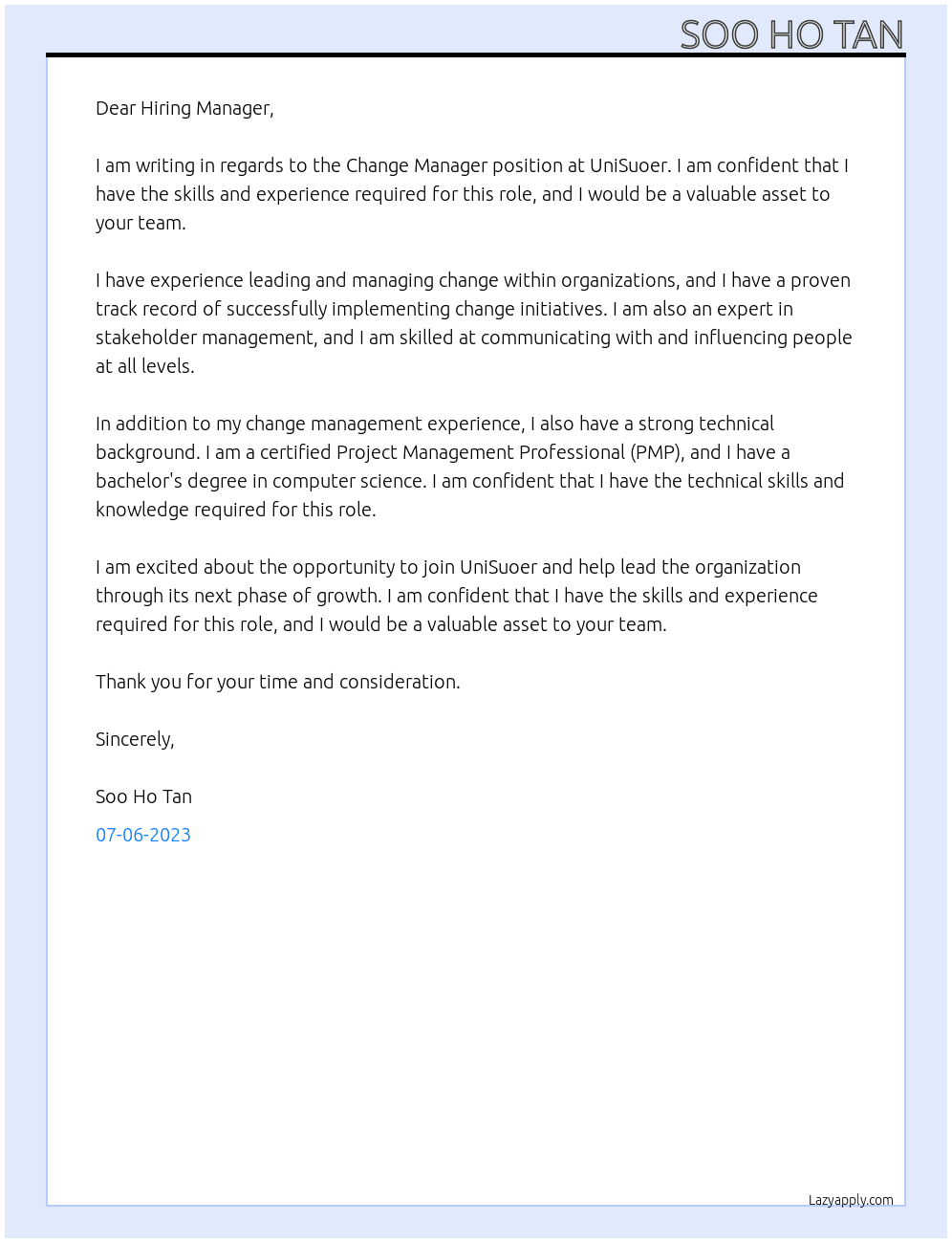 Change Manager At UniSuoer Cover Letter