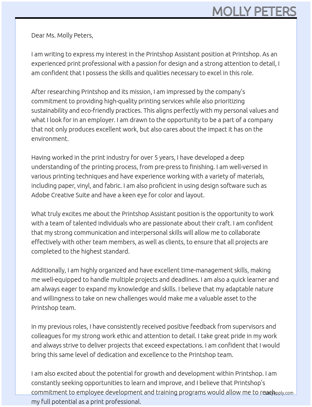 Printshop Assistant  At Printshop Cover Letter