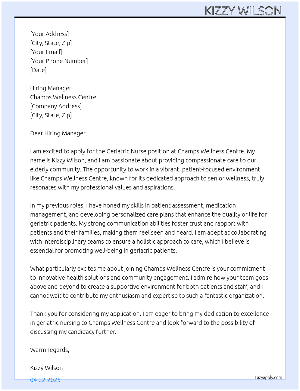 Geriatric Nurse At Champs Wellness Centre Cover Letter