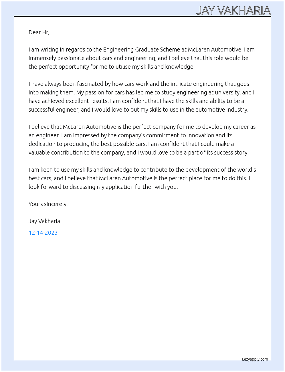 Engineering Graduate Scheme  At McLaren Automotive Cover Letter