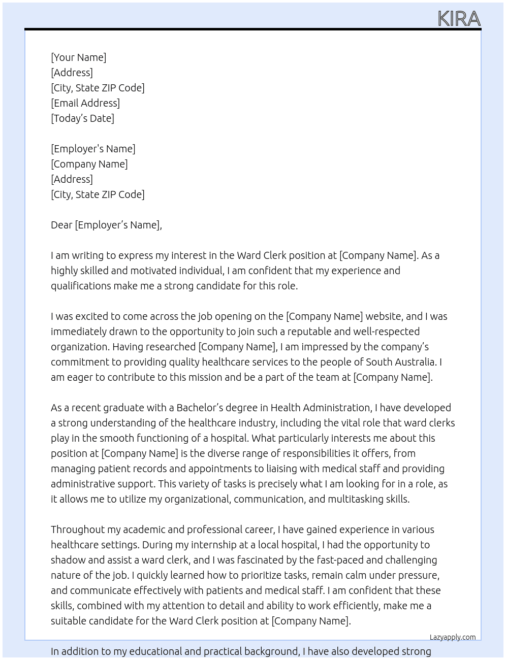Ward clerk At Sa health  Cover Letter