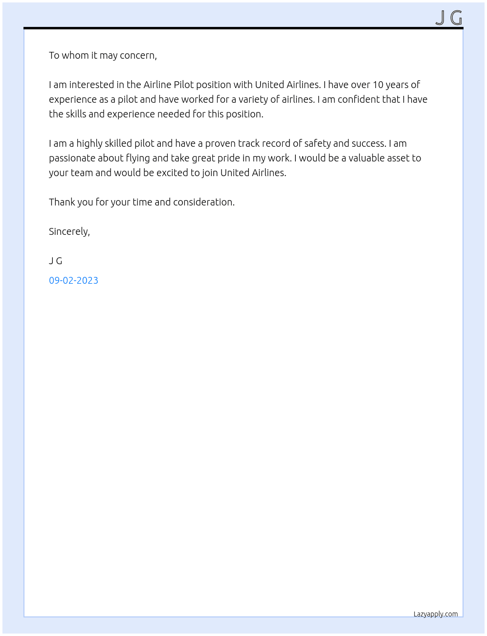 Airline Pilot At United Airlines Cover Letter