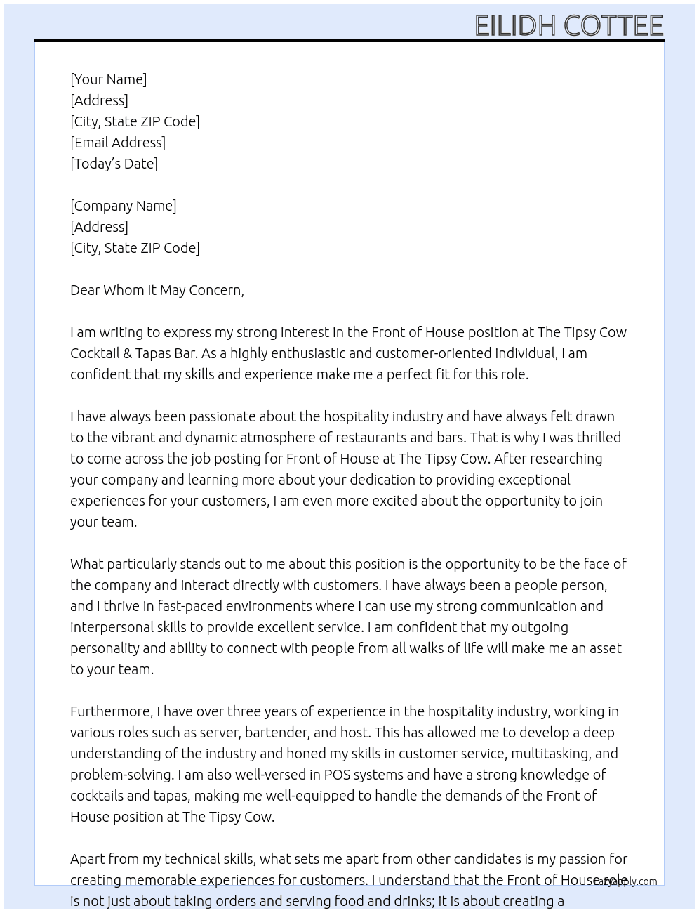 Front of house At The Tipsy Cow Cocktail & Tapas Bar Cover Letter