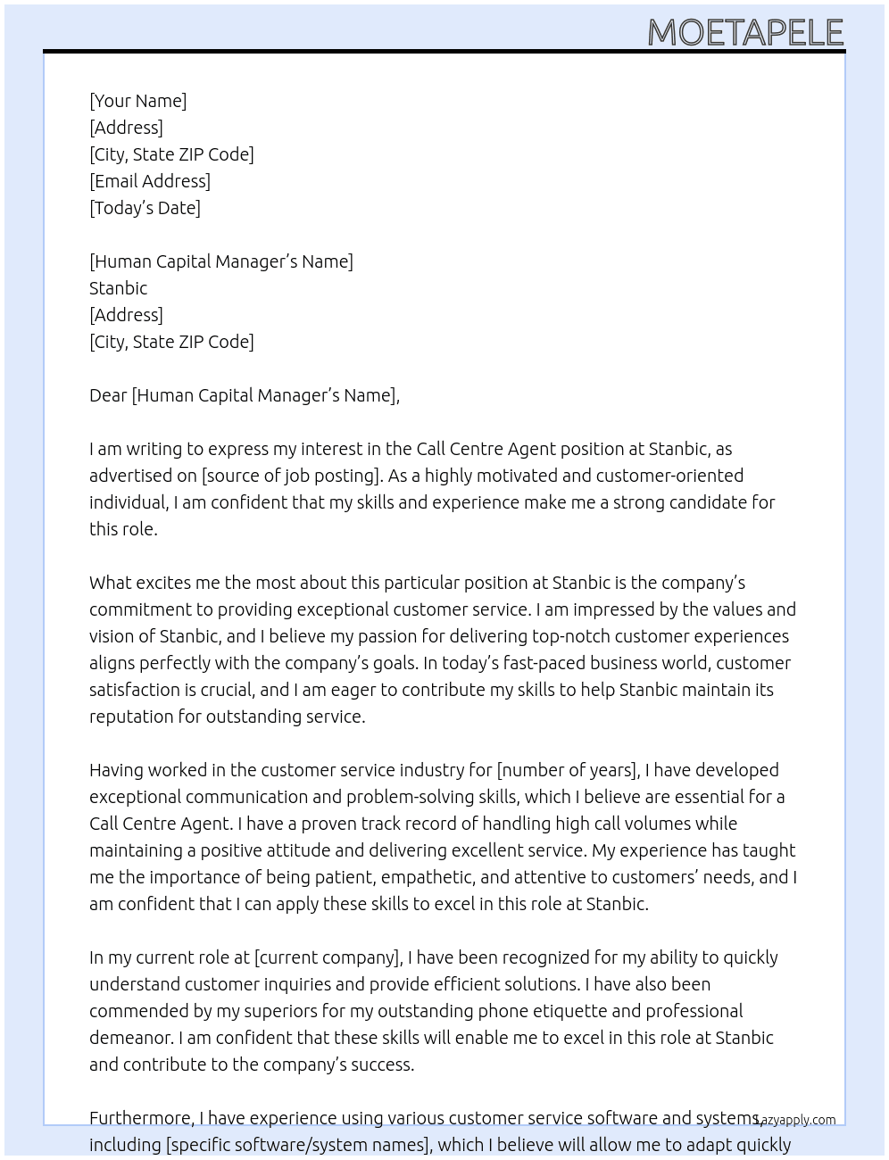 Call Centre Agent At Stanbic Cover Letter