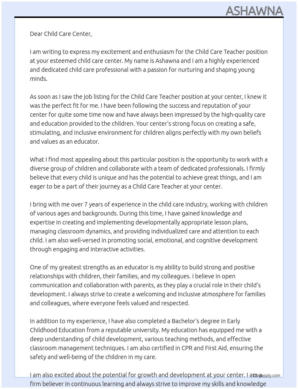 Child care teacher  At child care center Cover Letter