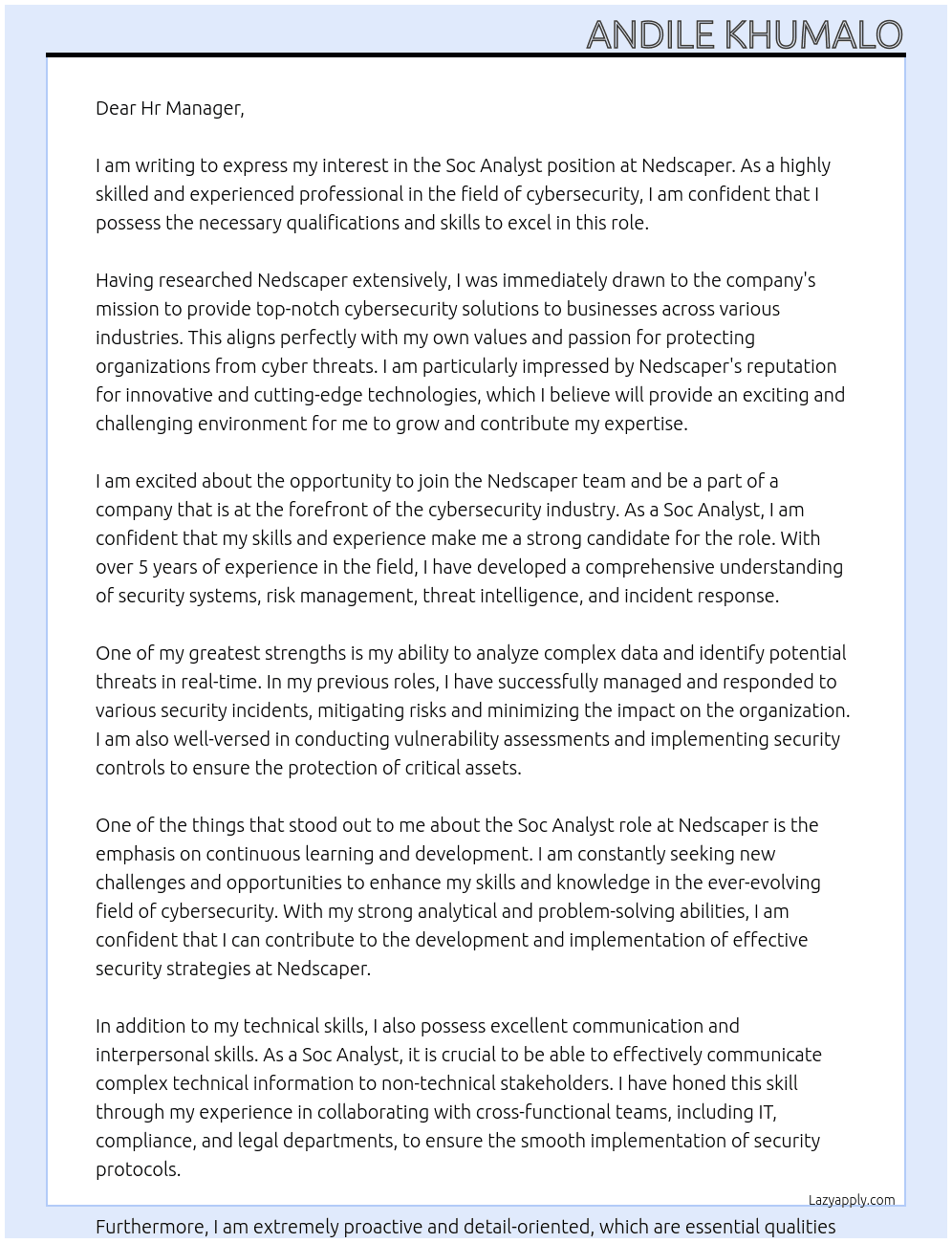 Soc Analyst  At Nedscaper Cover Letter