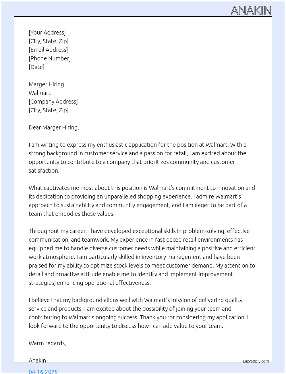 Walmart At walmart Cover Letter