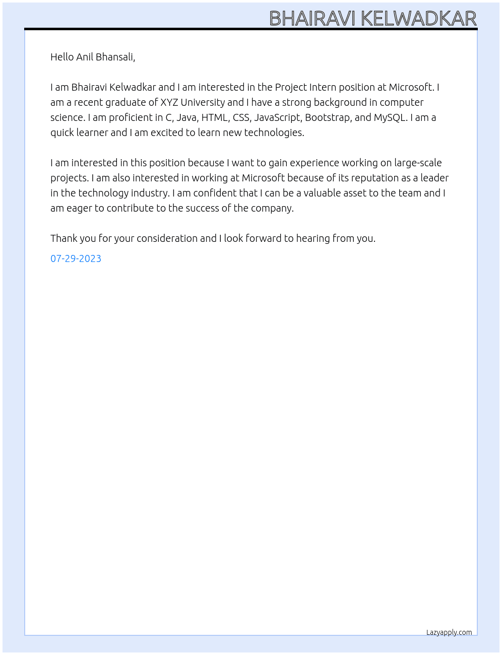Project Intern At Microsoft Cover Letter