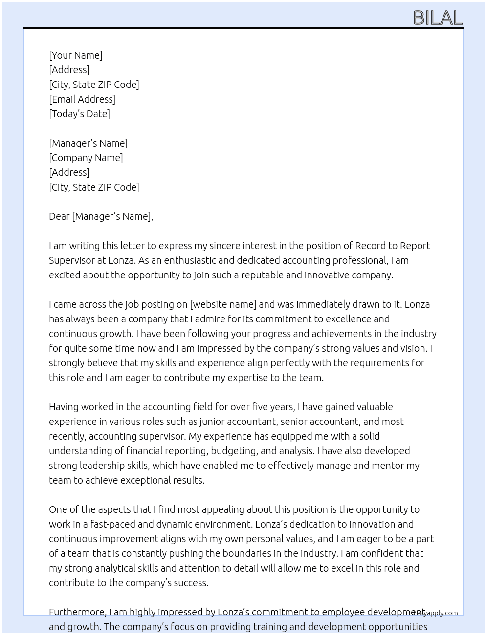 Record to report supervisor  At Lonza Cover Letter