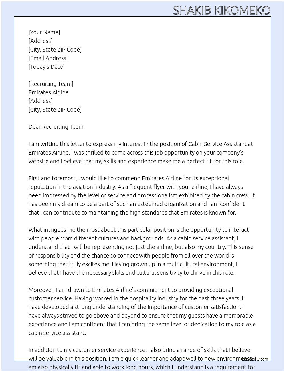 cabin service assistant  At emirate airline  Cover Letter