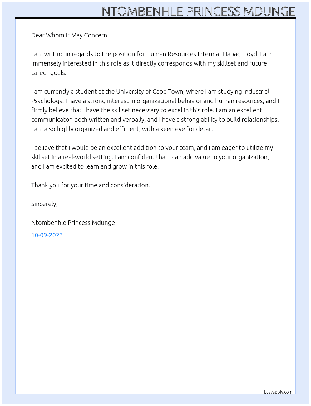 Human Resources Intern At Hapag Lloyd Cover Letter