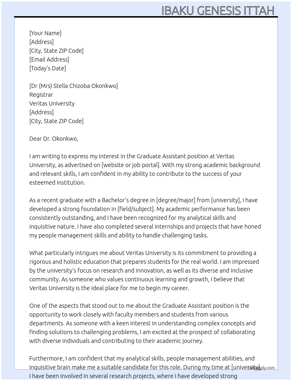 Graduate Assistant  At Veritas University  Cover Letter