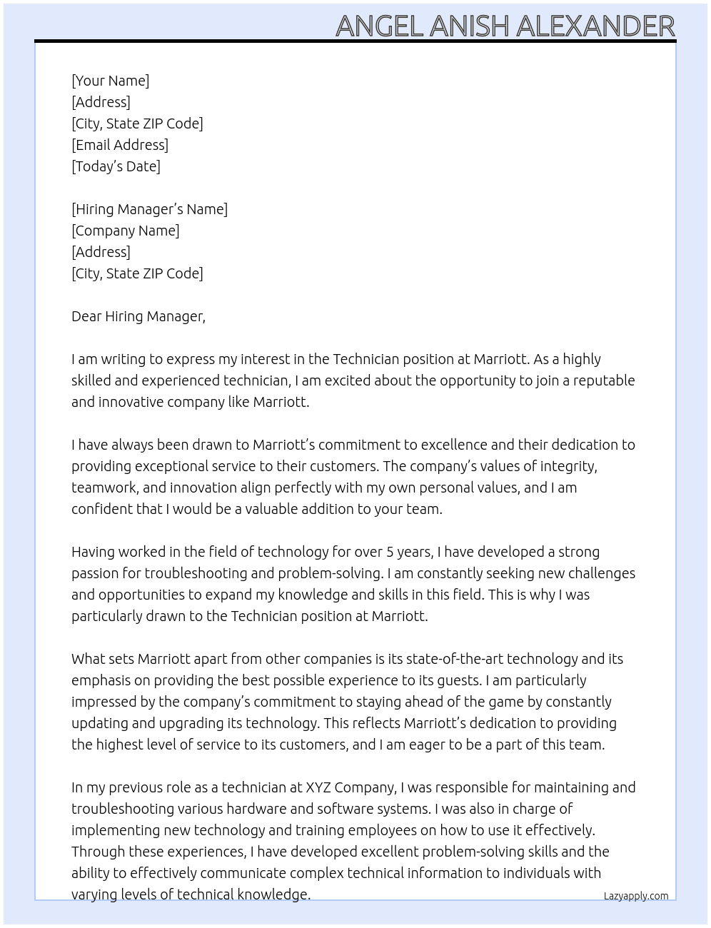 Technician At Marrriott Cover Letter