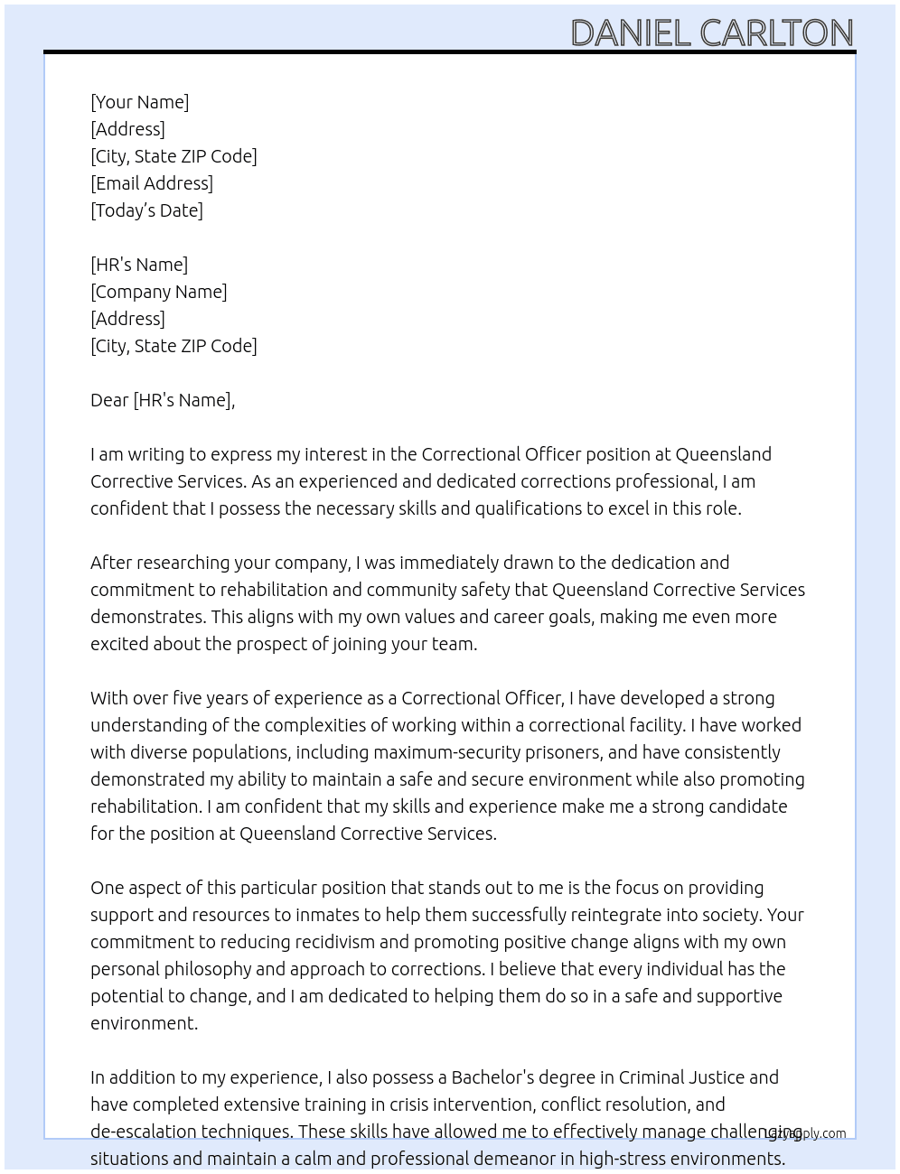 Correctional officer At Queensland corrective services  Cover Letter