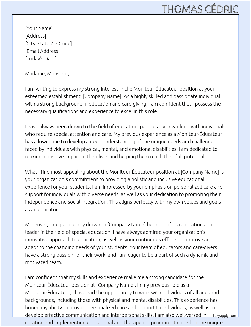 moniteur-éducateur At vote établissement Cover Letter