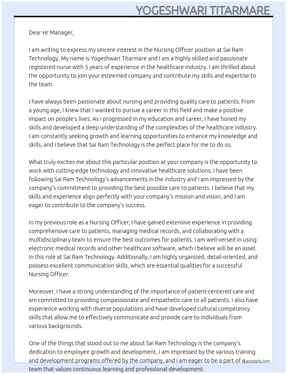 Nursing officer  At Sai Ram Technology  Cover Letter