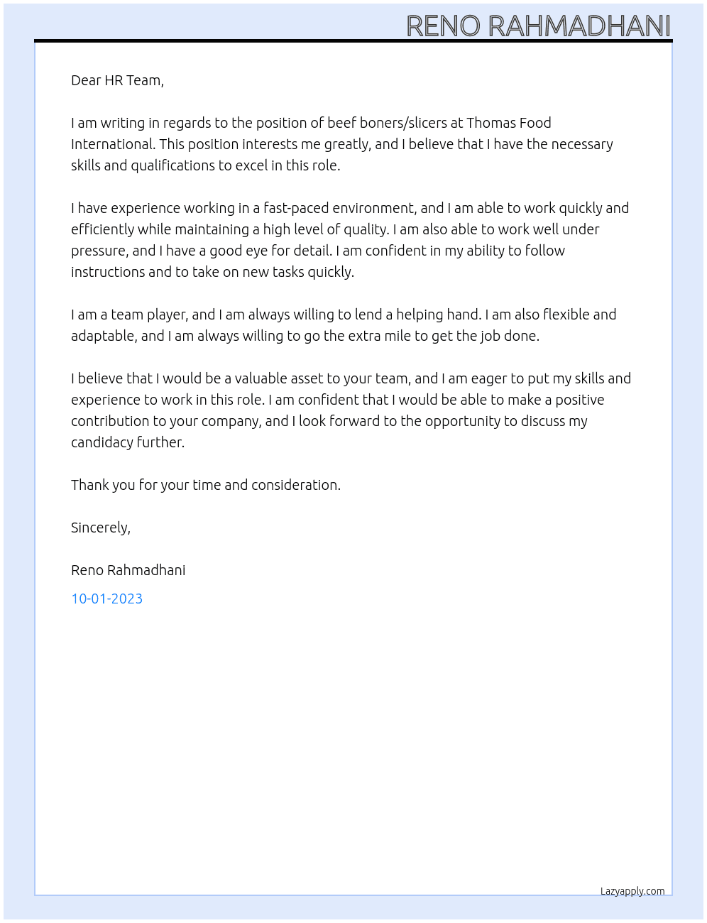 Beef Boners/Slicers At Thomas Food International Cover Letter