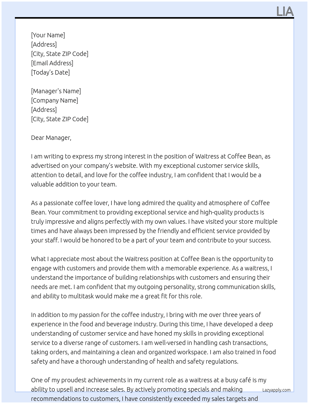 Waitress At Coffee bean Cover Letter