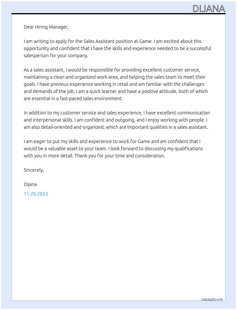 Sales Assistant  At Game Cover Letter