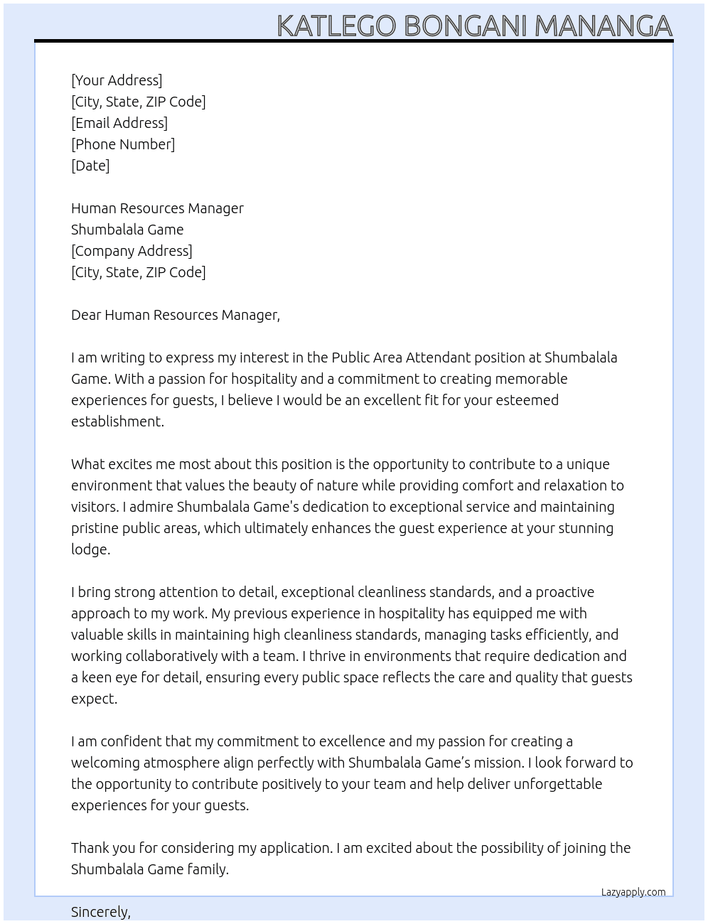 PUBLIC AREA ATTENDANT  At SHUMBALALA GAME Cover Letter
