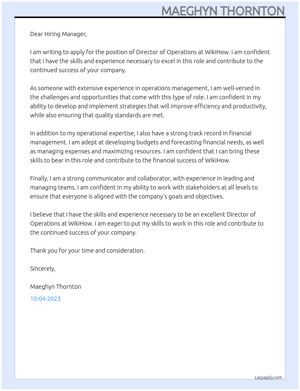 Director of Operations At WikiHow Cover Letter