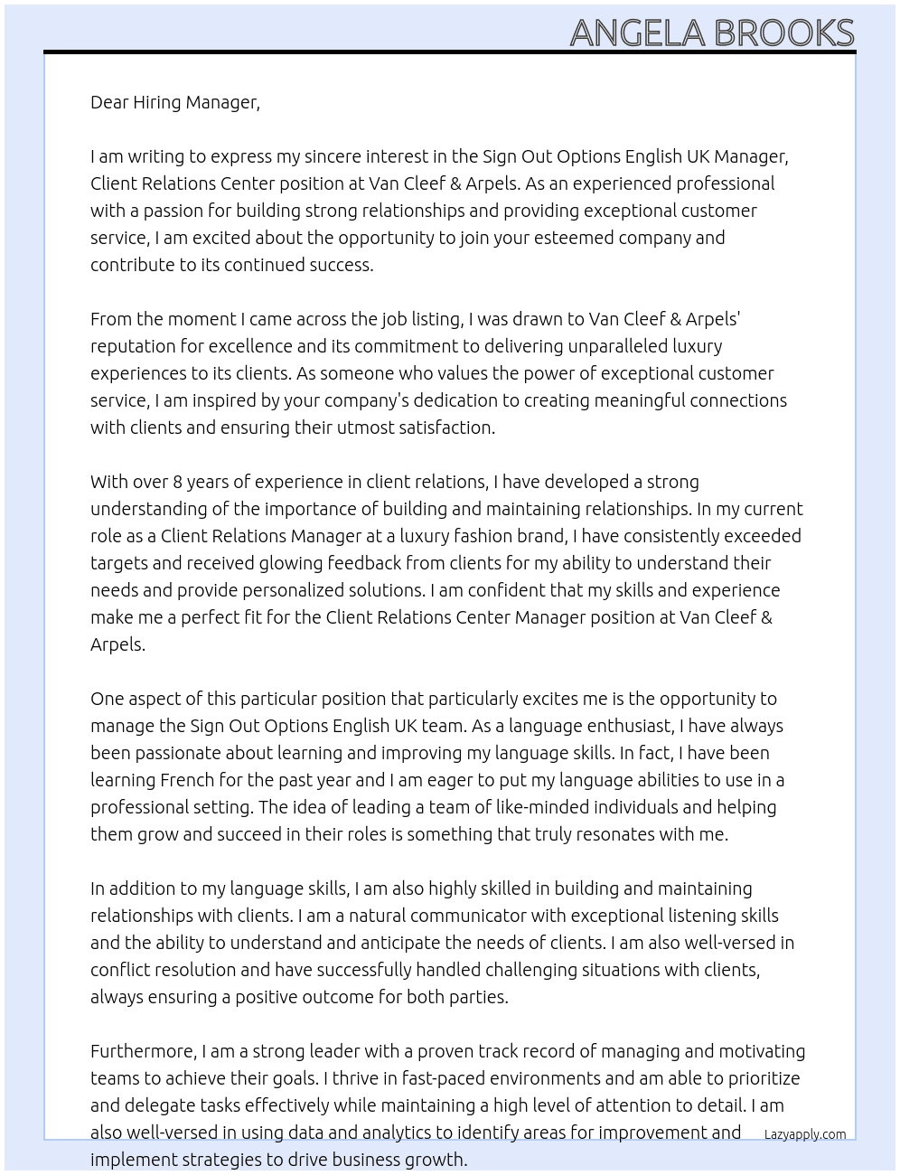 Sign Out Options English UK ‎(English UK)‎ Manager, Client Relations Center- Nevada At Van Cleef & Arpels Cover Letter