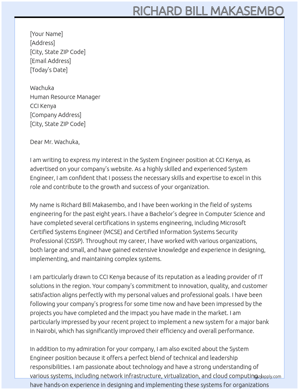 System Engineer At CCI Kenya Cover Letter
