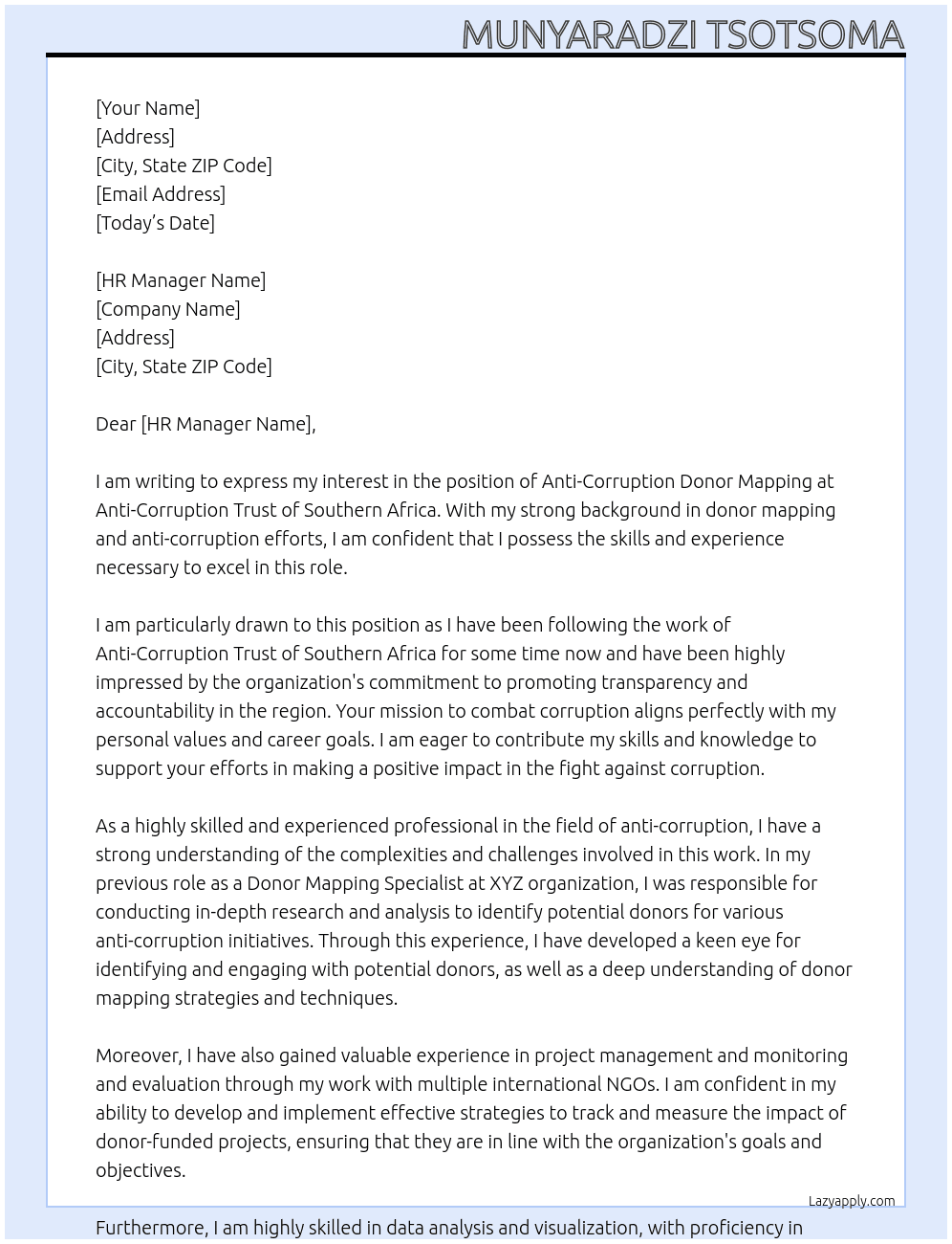 Anti-Corruption Donor Mapping At Anti-Corruption Trust of Southern Africa Cover Letter
