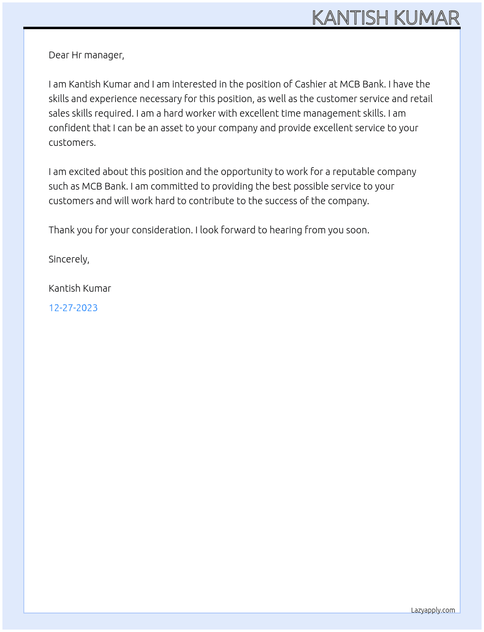 Cashier At MCB Bank  Cover Letter